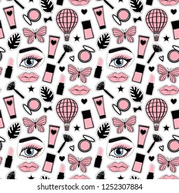 Seamless pattern fashion style. Set sign beauty makeup face eye brow lips. Abstract cosmetic bottles and balloon butterfly hand drawing. Vector illustration is isolated on a white background.
