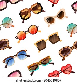 Seamless pattern with fashion sunglasses. Endless repeating background with modern and retro sun glasses. Different summer eyeglasses print. Eyewear backdrop. Flat vector illustration for wrapping