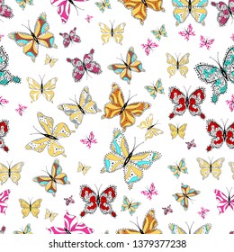 Seamless pattern. Fashion vector summer pattern with hand drawn butterflies. Vector illustration. Cute background for paper, design of fabric, wrappers and wallpaper.