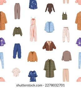 Seamless pattern, fashion women clothes, garments. Modern female apparel, repeating print. Wardrobe background design, trendy wearing, outerwear, pants in casual style. Flat vector illustration
