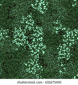 Seamless pattern. Fashionable camouflage. Messy squares on a background of colored spots. Green tones, dark grey.