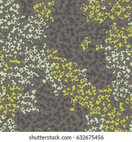 Seamless pattern. Fashionable camouflage. Messy squares on a background of colored spots. Khaki-brown tones.