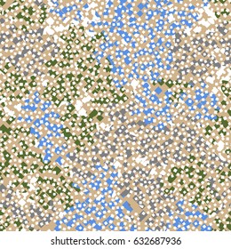 Seamless pattern. Fashionable camouflage. Messy squares on a background of colored spots. Beige, gray, green, white, blue.