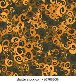 Seamless pattern. Fashionable camouflage. Spiral curls in random order. Orange, green, gray.
