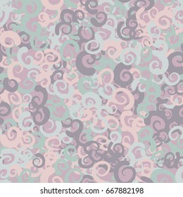 Seamless pattern. Fashionable camouflage. Spiral curls in random order. Gray-green, gray-brown, gray-pink.