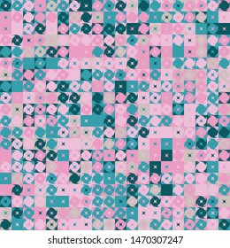 Seamless pattern. Fashionable checkered texture in camouflage style. Four-beam stars located on a background of large squares and abstract shapes.