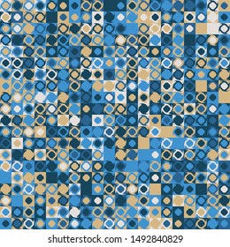 Seamless pattern. Fashionable checkered texture in camouflage style. Four-petal flowers located on the background of large squares and abstract shapes.