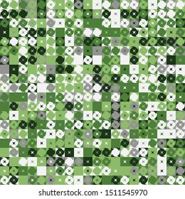 Seamless pattern. Fashionable checkered texture in camouflage style. Four-beam stars located on a background of large squares and abstract shapes.