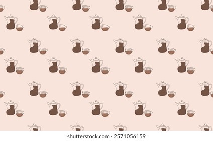 Seamless pattern in the fashionable color of 2025. A coffee pot and a cup of coffee in a linear style. Vector graphics. For fabric design, packaging, background, wallpaper