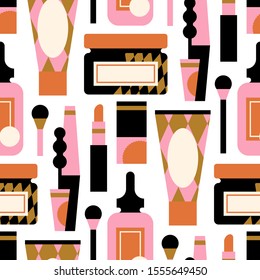 Seamless pattern of fashionable cosmetics, accesories, care, tube