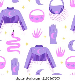 Seamless pattern with fashionable cowboy and disco accessory. Cowgirl jacket, glove, bag, snakes, moon and grass. Vector background in disco style. 