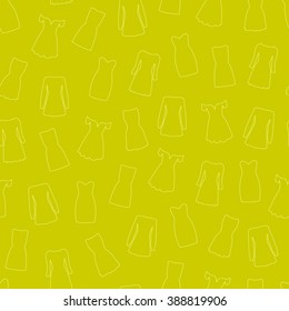 Seamless pattern with fashionable dresses. The two colors light yellow contour dress on mustard background.