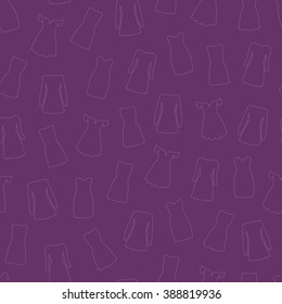 Seamless pattern with fashionable dresses. The two colors of light pink dress on a dark outline pink purple background.