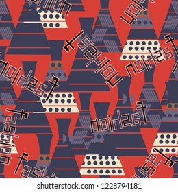 Seamless pattern with fashionable dresses and the word fashion.