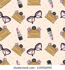 Seamless pattern with fashionable elements. Fashion, accessories. Vector illustration.