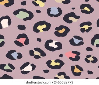 Seamless pattern of fashionable exotic pattern with leopard skin and spots of different colors. Creative artistic collage with drawings of animals. template for design of fabric, cover, wallpaper.