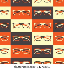 Seamless pattern with fashionable glasses against colorful geometric background.