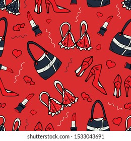 Seamless Pattern. Fashionable items of women's wardrobe on a red background. Bra, bag, red shoes, lipstick. Hand drawing style. Stock vector illustration. Beautiful woman.