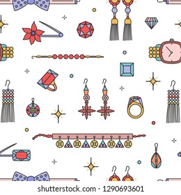 Seamless pattern with fashionable jewelry, bijouterie or trinkets on white background - earrings, necklace, bracelet, gemstones, wristwatch. Vector illustration in line art style for textile print.