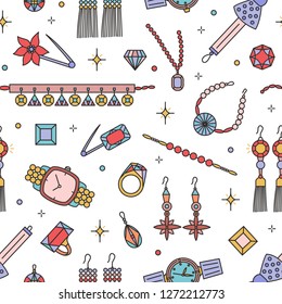 Seamless pattern with fashionable jewelry items on white background - earrings, necklace, bracelet, gemstones, wristwatch. Colorful vector illustration in line art style for wrapping paper, wallpaper.