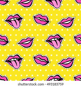 Seamless pattern with fashionable lips patch set on yellow polka dots background. Comic stickers, pins, patches, badges  doodle in cartoon pop art 80s-90s style. Vector illustration