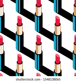 Seamless pattern of fashionable lipsticks, accesories, cosmetics with shadow