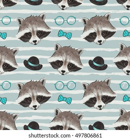 Seamless pattern with fashionable mister raccoon.