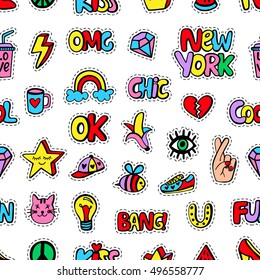 Seamless pattern with fashionable patch badges set, isolated on white background. Comic stickers, pins, patches doodle in cartoon pop art 80s-90s style. Vector illustration - Shutterstock ID 496558777