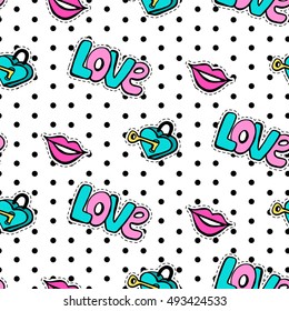 Seamless pattern with fashionable patch set. Hand drawn lips, love background. Comic romantic stickers, pins, patches, badges  doodle in cartoon pop art 80s-90s style. Modern vector illustration.