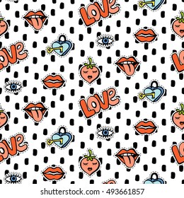 Seamless pattern with fashionable patch set. Hand drawn lips, love background. Comic romantic stickers, pins, patches, badges  doodle in cartoon pop art 80s-90s style. Vector illustration