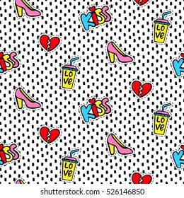 Seamless pattern with Fashionable patches. Comic stickers, pins, patches doodle in cartoon pop art 80s-90s style. Vector illustration