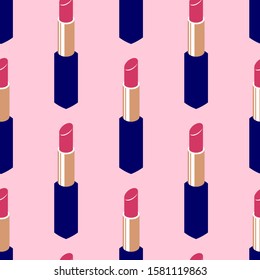 Seamless pattern of fashionable red lipsticks on glamour pink background