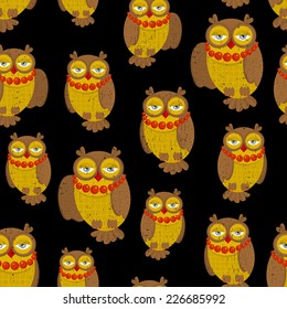 Seamless pattern with fashionable retro owls. Vector illustration, repeated background of nature creations.