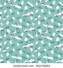 Seamless pattern. Fashionable set of lipsticks and lips. Vector stock illustration eps10. 