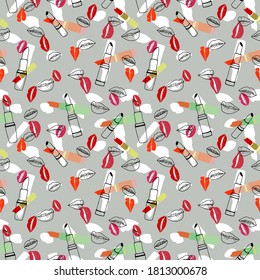 Seamless pattern. Fashionable set of lipsticks and lips. Vector stock illustration eps10. 