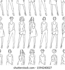 Seamless pattern of fashionable slender women sketches in summer clothing collection
