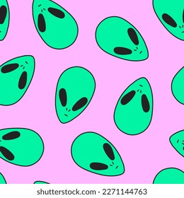 Seamless pattern in the fashionable style of the 90s, 2000s, Y2K. The heads of an alien on a pink background.