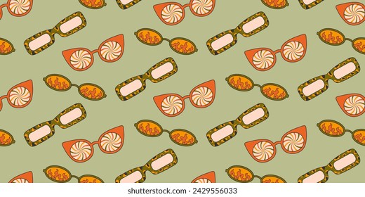 Seamless pattern with fashionable sunglasses in groove style, carton. Retro accessory on a light background, hippie, 1970s. Various trippy patterns in glass, spiral, fire, leopard.