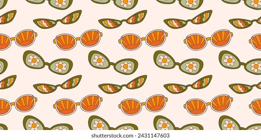 Seamless pattern with fashionable sunglasses in groove style, carton. Retro accessory on a light background, hippie, 1970s. Various trippy patterns in glass, daisies, waves, sun.