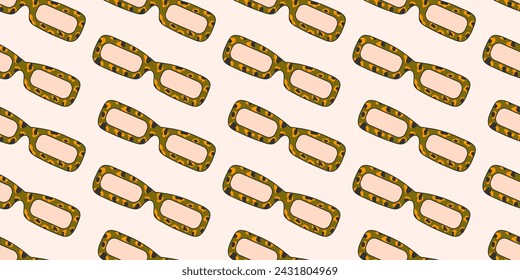 Seamless pattern with fashionable sunglasses in groove style, carton. Retro accessory on a light background, hippie, 1970s. Various trippy patterns in the glass, leopard print.