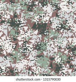 Seamless pattern. Fashionable texture in camouflage style. The top layer is pixel. The bottom layer consists of chaos of colored triangles. Easy to edit.