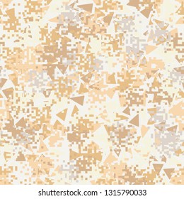 Seamless pattern. Fashionable texture in camouflage style. The top layer is pixel. The bottom layer consists of chaos of colored triangles. Easy to edit.