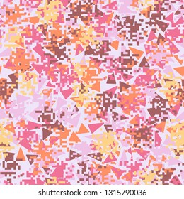 Seamless pattern. Fashionable texture in camouflage style. The top layer is pixel. The bottom layer consists of chaos of colored triangles. Easy to edit.