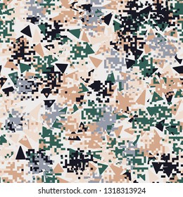 Seamless pattern. Fashionable texture in camouflage style. The top layer is pixel. The bottom layer consists of chaos of colored triangles. Easy to edit.