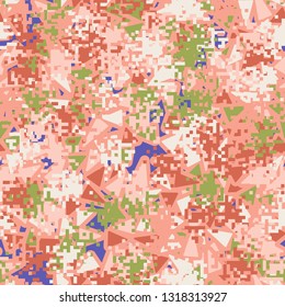 Seamless pattern. Fashionable texture in camouflage style. The top layer is pixel. The bottom layer consists of chaos of colored triangles. Easy to edit.