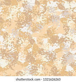 Seamless pattern. Fashionable texture in camouflage style. The top layer is pixel. 
The background consists of chaos of leaves. Editable.