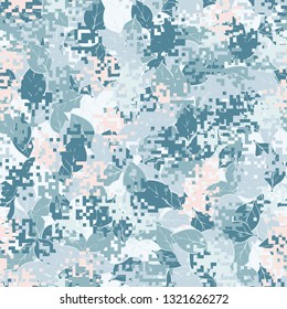 Seamless pattern. Fashionable texture in camouflage style. The top layer is pixel. 
The background consists of chaos of leaves. Editable.