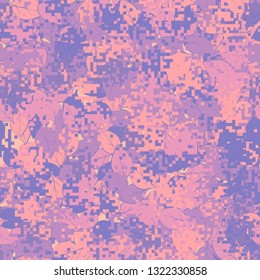 Seamless pattern. Fashionable texture in camouflage style. The top layer is pixel. 
The background consists of chaos of leaves. Editable.