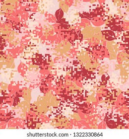 Seamless pattern. Fashionable texture in camouflage style. The top layer is pixel. 
The background consists of chaos of leaves. Editable.