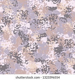 Seamless pattern. Fashionable texture in camouflage style. The top layer is pixel. 
The background consists of chaos of leaves. Editable.